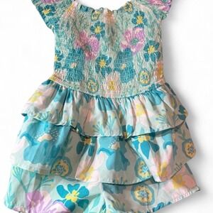 Real Love Girls Floral Smocked Tiered Ruffle Romper Turquoise Purple Size 5/6